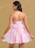 Makaila A-line Straight Mini Lace Homecoming Dress With Bow Flower STIP0025670