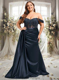 Katelyn Trumpet/Mermaid Off the Shoulder Sweep Train Satin Prom Dresses With Sequins Appliques Lace STIP0025835