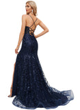 Natalie Trumpet/Mermaid V-Neck Sweep Train Lace Prom Dresses With Sequins STIP0020940