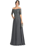 Makaila A-line Off the Shoulder Floor-Length Chiffon Lace Evening Dress With Rhinestone STIP0020908