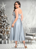 Nan A-line V-Neck Tea-Length Satin Bridesmaid Dress STIP0025794