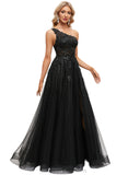 Barbara A-line One Shoulder Floor-Length Lace Tulle Prom Dresses With Sequins STIP0020842