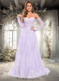 Marely A-line Sweetheart Sweep Train Tulle Prom Dresses With Sequins Appliques Lace STIP0025856