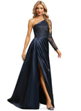 Eleanor Trumpet/Mermaid One Shoulder Sweep Train Lace Satin Evening Dress With Pleated STIP0020914