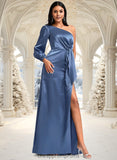 Amiya A-line One Shoulder Floor-Length Stretch Satin Bridesmaid Dress With Bow STIP0025730