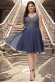 Ginny A-line V-Neck Short/Mini Chiffon Lace Homecoming Dress With Beading STIP0020536