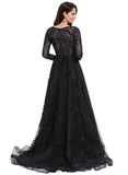 Cali Ball-Gown/Princess V-Neck Sweep Train Lace Tulle Evening Dress With Sequins STIP0020881