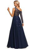 EmeryPiper A-line Asymmetrical Illusion Floor-Length Chiffon Lace Evening Dress With Sequins STIP0020814