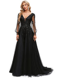 Bailee Ball-Gown/Princess V-Neck Sweep Train Lace Tulle Prom Dresses With Sequins STIP0020894