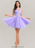 Rosalyn Ball-Gown/Princess V-Neck Short Lace Tulle Homecoming Dress With Flower STIP0025656