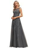 Adalynn A-line Scoop Illusion Floor-Length Lace Tulle Evening Dress With Beading Sequins STIP0020806