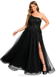 Barbara A-line One Shoulder Floor-Length Lace Tulle Prom Dresses With Sequins STIP0020842