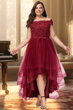 Victoria A-line Off the Shoulder Asymmetrical Lace Tulle Homecoming Dress With Beading Bow Sequins STIP0020535