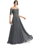 Makaila A-line Off the Shoulder Floor-Length Chiffon Lace Evening Dress With Rhinestone STIP0020908