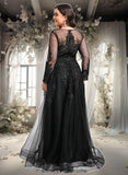 Kathleen A-line V-Neck Floor-Length Tulle Prom Dresses With Sequins Appliques Lace Beading STIP0025834