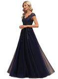 Estrella A-line V-Neck Floor-Length Lace Tulle Evening Dress With Sequins STIP0020861