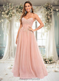 Kamila Ball-Gown/Princess V-Neck Floor-Length Tulle Prom Dresses With Sequins Appliques Lace STIP0025837