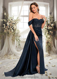 Katelyn Trumpet/Mermaid Off the Shoulder Sweep Train Satin Prom Dresses With Sequins Appliques Lace STIP0025835