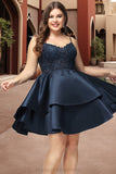 Katelynn A-line V-Neck Short/Mini Lace Satin Homecoming Dress STIP0020504