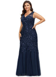 Bella Trumpet/Mermaid V-Neck Floor-Length Lace Tulle Evening Dress With Sequins STIP0020986