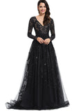 Cali Ball-Gown/Princess V-Neck Sweep Train Lace Tulle Evening Dress With Sequins STIP0020881