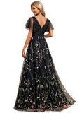 Jayden A-line V-Neck Floor-Length Lace Tulle Evening Dress With Pleated STIP0020797