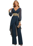 Claire Jumpsuit/Pantsuit V-Neck Floor-Length Chiffon Evening Dress With Appliques Lace STIP0020778