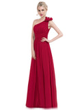 Isabell A-line One Shoulder Floor-Length Chiffon Evening Dress With Flower Pleated STIP0020960