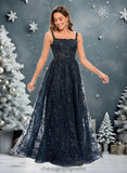 Annalise A-line Square Floor-Length Organza Lace Floral Prom Dresses With Sequins STIP0025844