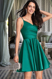 Kennedy A-line V-Neck Short/Mini Satin Homecoming Dress With Ruffle STIP0020539