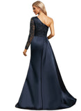 Eleanor Trumpet/Mermaid One Shoulder Sweep Train Lace Satin Evening Dress With Pleated STIP0020914