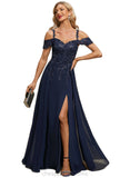 Zoe A-line Cold Shoulder Off the Shoulder Floor-Length Chiffon Lace Evening Dress With Sequins STIP0020794