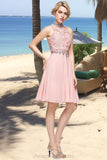 Janae A-line High Neck Knee-Length Chiffon Lace Homecoming Dress With Beading Sequins STIP0020596