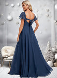 America A-line V-Neck Floor-Length Chiffon Bridesmaid Dress With Ruffle STIP0025802