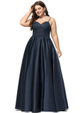 Claire A-line V-Neck Floor-Length Lace Satin Prom Dresses With Sequins STIP0020847