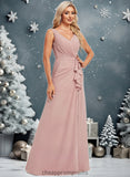 Haylie A-line V-Neck Floor-Length Chiffon Bridesmaid Dress STIP0025820