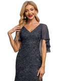 Sloane Sheath/Column V-Neck Sweep Train Chiffon Lace Evening Dress With Cascading Ruffles STIP0020993