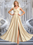 Iyana A-line V-Neck Floor-Length Satin Prom Dresses STIP0025877