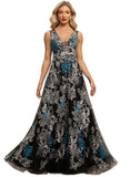 Jacqueline A-line V-Neck Floor-Length Lace Evening Dress STIP0020823