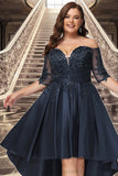 Princess A-line Off the Shoulder Asymmetrical Lace Satin Homecoming Dress With Sequins STIP0020580