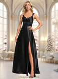 Jamiya A-line V-Neck Floor-Length Stretch Satin Prom Dresses With Bow STIP0025882