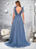 Kamari A-line V-Neck Sweep Train Tulle Prom Dresses With Bow STIP0025854