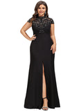 Shyann Sheath/Column High Neck Illusion Floor-Length Lace Stretch Crepe Evening Dress With Sequins STIP0020962