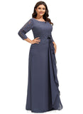 Kennedy A-line Scoop Floor-Length Chiffon Lace Evening Dress With Flower Cascading Ruffles STIP0020988