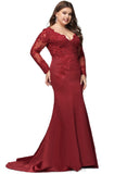 Ivy Trumpet/Mermaid V-Neck Sweep Train Lace Satin Prom Dresses With Sequins STIP0020931