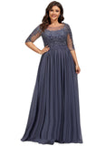 Giana A-line Scoop Illusion Floor-Length Chiffon Lace Evening Dress With Sequins STIP0020946