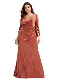 Olive Sheath/Column V-Neck Floor-Length Velvet Evening Dress With Pleated STIP0020888