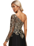 Peyton A-line One Shoulder Floor-Length Lace Tulle Evening Dress With Sequins STIP0020839