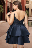 Katelynn A-line V-Neck Short/Mini Lace Satin Homecoming Dress STIP0020504