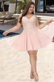 Avery A-line V-Neck Short/Mini Tulle Homecoming Dress With Beading STIP0020538